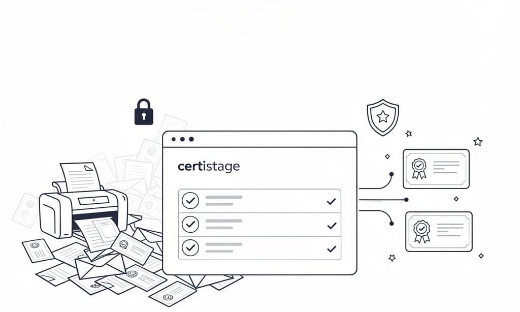 Illustration: a pile of printed certificates replaced by a CertiStage checklist